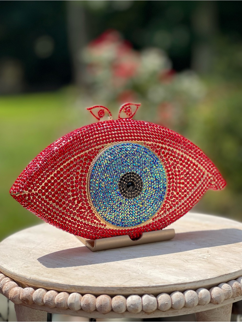 Embellished Red Evil Eye Clutch with Blue Iridescent Center